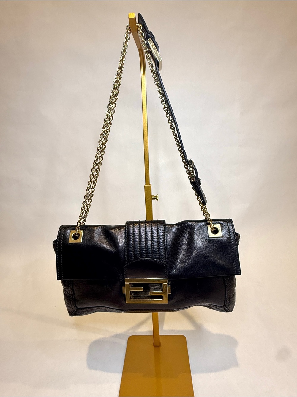 Fendi Black baguette crossbody & shoulder bag with Gold Chain